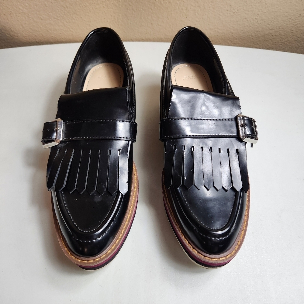 Zara Woman |EU38/US7.5| Black Patent Leather Platform Kilt Chunky Loafers - Picture 5 of 11